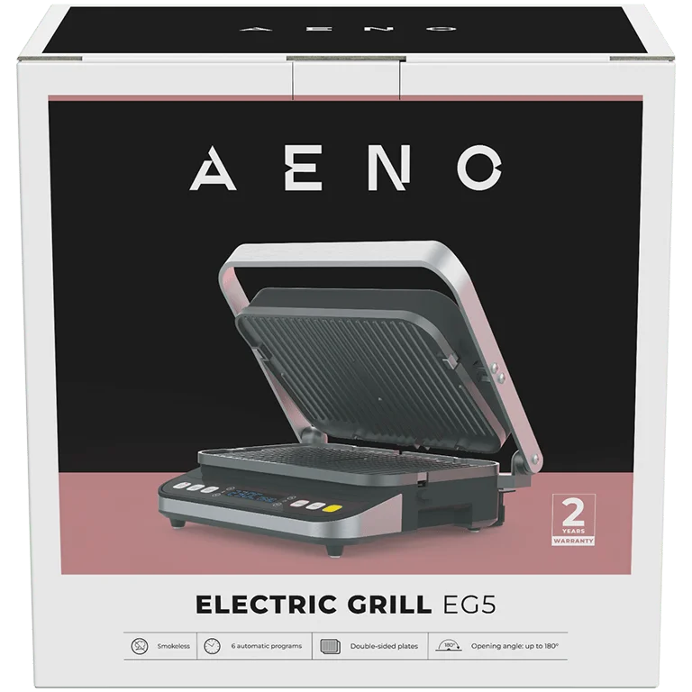 AENO ''Electric Grill EG5: 2000W, 2 heating modes - Lower Grill, Both Grills, 6 preset programs, Defrost, Max opening angle -180°, Temperature regulation, Timer, Removable double-sided plates, Plate size 320*220mm''