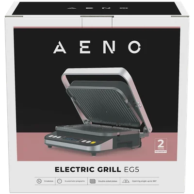 AENO ''Electric Grill EG5: 2000W, 2 heating modes - Lower Grill, Both Grills, 6 preset programs, Defrost, Max opening angle -180°, Temperature regulation, Timer, Removable double-sided plates, Plate size 320*220mm''