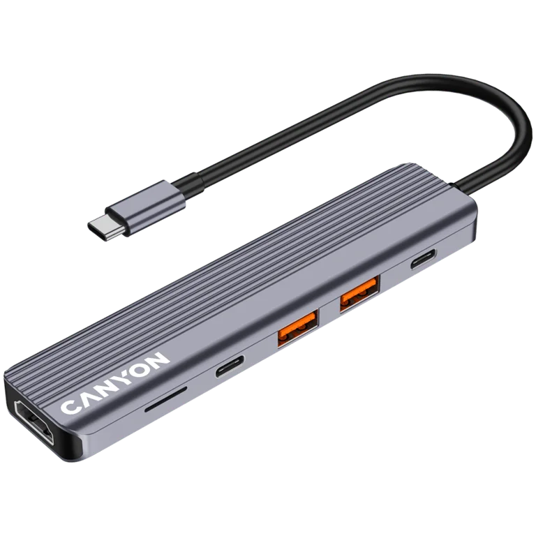 USB хъб CANYON DS-17 6-в-1, USB-C, HDMI 4K, microSD четец, сив