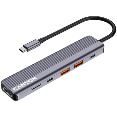 USB хъб CANYON DS-17 6-в-1, USB-C, HDMI 4K, microSD четец, сив
