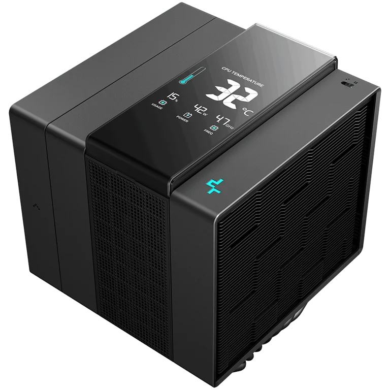 Охладител за процесор DeepCool ASSASSIN IV VC VISION R-ASN4-BKNVMD-G, 1x120mm + 1x140mm FDB вентилатори, дигитален дисплей, Vapor Chamber, TDP 300W, 7 топлинни тръби, LGA20xx/1851/1700/1200/115x, AMD AM5/AM4, 147x144x172 мм