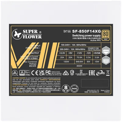 Super Flower Leadex VII XG 850W ATX 3.1, 80 Plus Gold, Fully Modular, Flat White Cables, 140mm Fan, 150mmx150mmx86mm, White, 10 Year Warranty