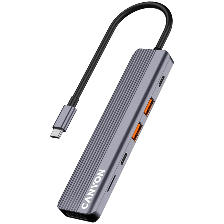 USB хъб CANYON DS-17 6-в-1, USB-C, HDMI 4K, microSD четец, сив