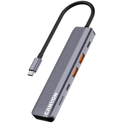 USB хъб CANYON DS-17 6-в-1, USB-C, HDMI 4K, microSD четец, сив