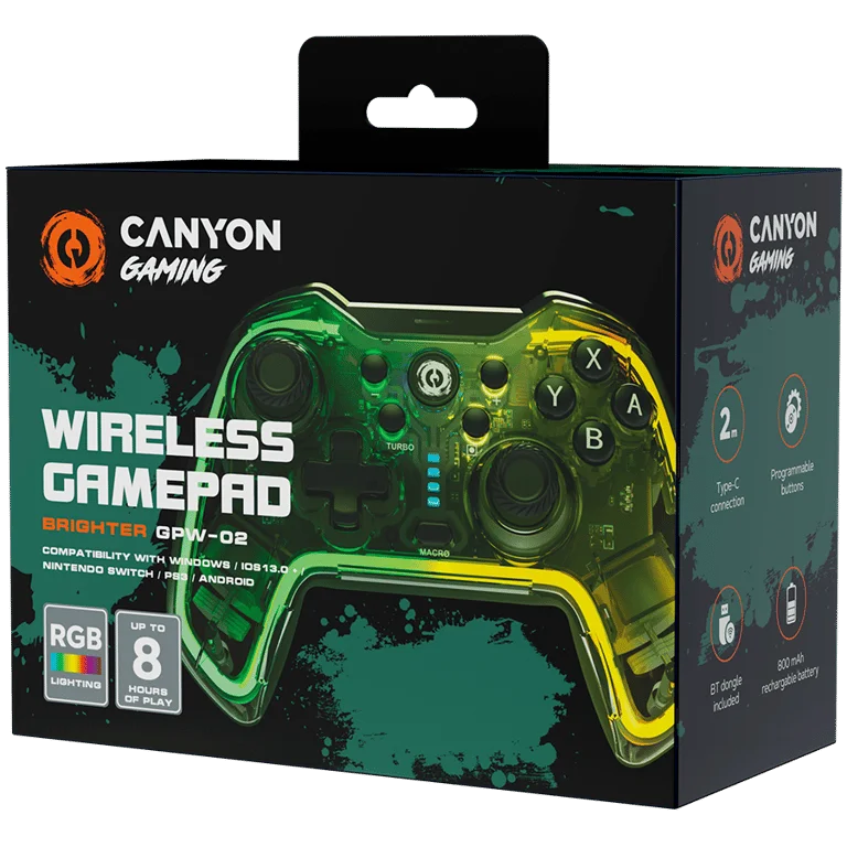 Гейминг контролер Canyon Brighter GPW-02 безжичен, Bluetooth + донгъл, прозрачен корпус