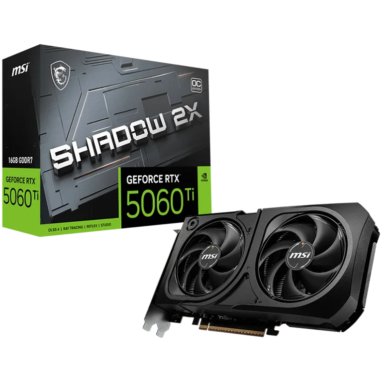 MSI Video Card NVIDIA GeForce RTX 5060 Ti 16G SHADOW 2X OC PLUS, 16GB GDDR7, 128-bit, 2602 MHz Boost, 4608 CUDA Cores, PCIe 5.0 (x8), 3x DP 2.1b, HDMI 2.1b, RAY TRACING, Dual Fan, 180W TDP, 8-pin PCIe Power, G-SYNC, 2-Slot, 3Y