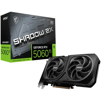 MSI Video Card NVIDIA GeForce RTX 5060 Ti 16G SHADOW 2X OC PLUS, 16GB GDDR7, 128-bit, 2602 MHz Boost, 4608 CUDA Cores, PCIe 5.0 (x8), 3x DP 2.1b, HDMI 2.1b, RAY TRACING, Dual Fan, 180W TDP, 8-pin PCIe Power, G-SYNC, 2-Slot, 3Y
