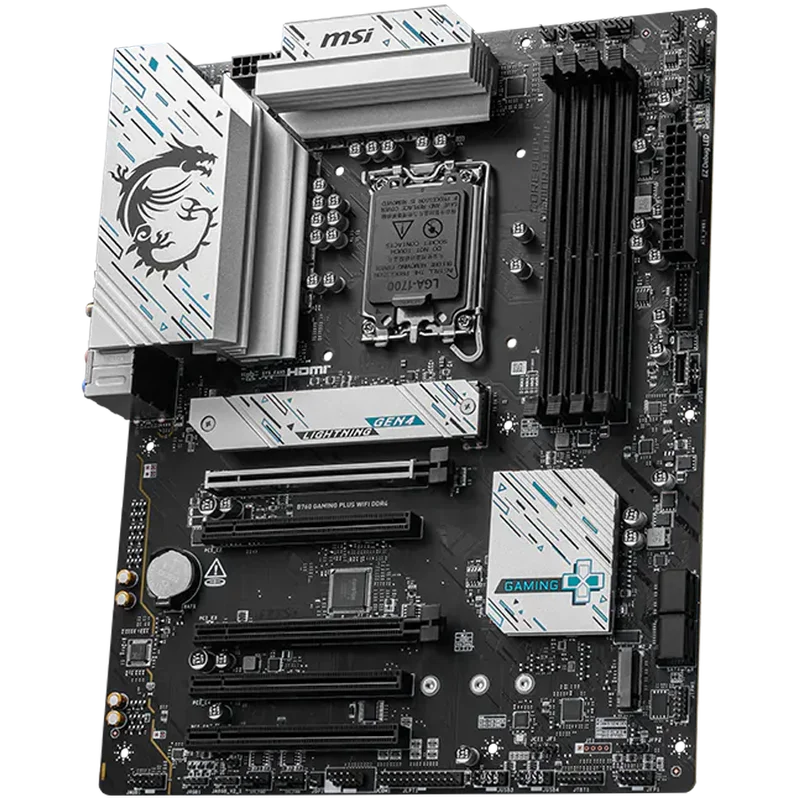 MSI B760 GAMING PLUS WIFI DDR4, LGA 1700, 4xDDR4, ATX, Dual Channel DDR4 5333(OC)MHz, 5x PCIe x16 slots, 2x M.2 slots, 1x HDMI, 1x DP, 2x USB 3.2 Gen 2, 1x USB 3.2 Gen 2 Type-C, 4x USB 2.0, 7.1 HD Audio, 2.5Gbps LAN, WI-Fi 6E, BT, 3Y