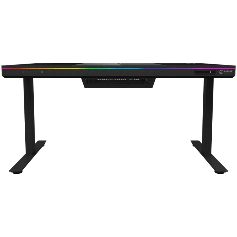 Dual-motor sit/stand adjustable-height gaming desk with built-in PC case, wireless charger, RGB lighting, control panel, and USB ports, tempered glass tabletop, black.
