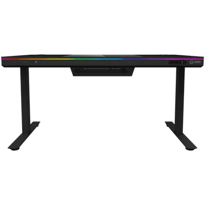 Dual-motor sit/stand adjustable-height gaming desk with built-in PC case, wireless charger, RGB lighting, control panel, and USB ports, tempered glass tabletop, black.