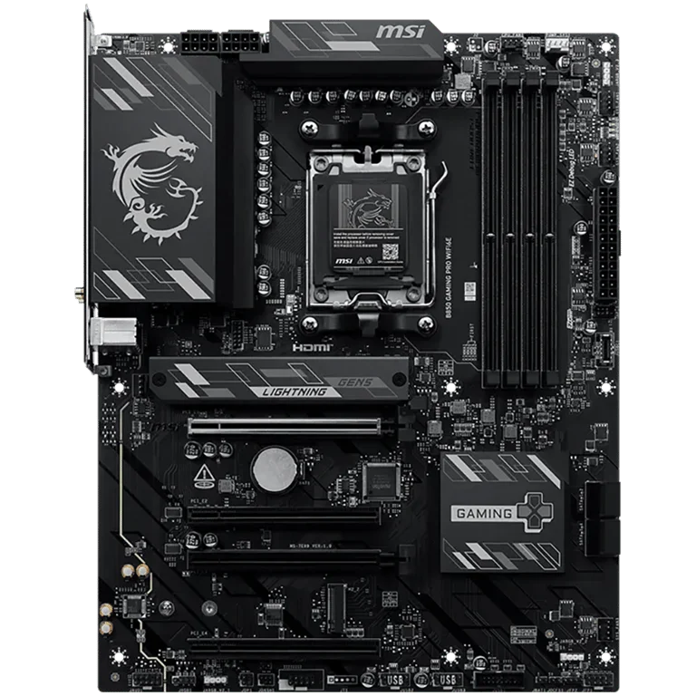 MSI B850 GAMING PRO WIFI6E, ATX, Socket AM5, 4x DDR5 Dual Channel up to 8200(OC)MHz, 4x PCIe x16 slot, 2x M.2 slot, 4x USB 5Gbps, 3x USB 10Gbps, 1x USB 10Gbps Type-C, HDMI, DP, 7.1 HD Audio, 2.5G LAN, WiFI 6E, BT, 3Y