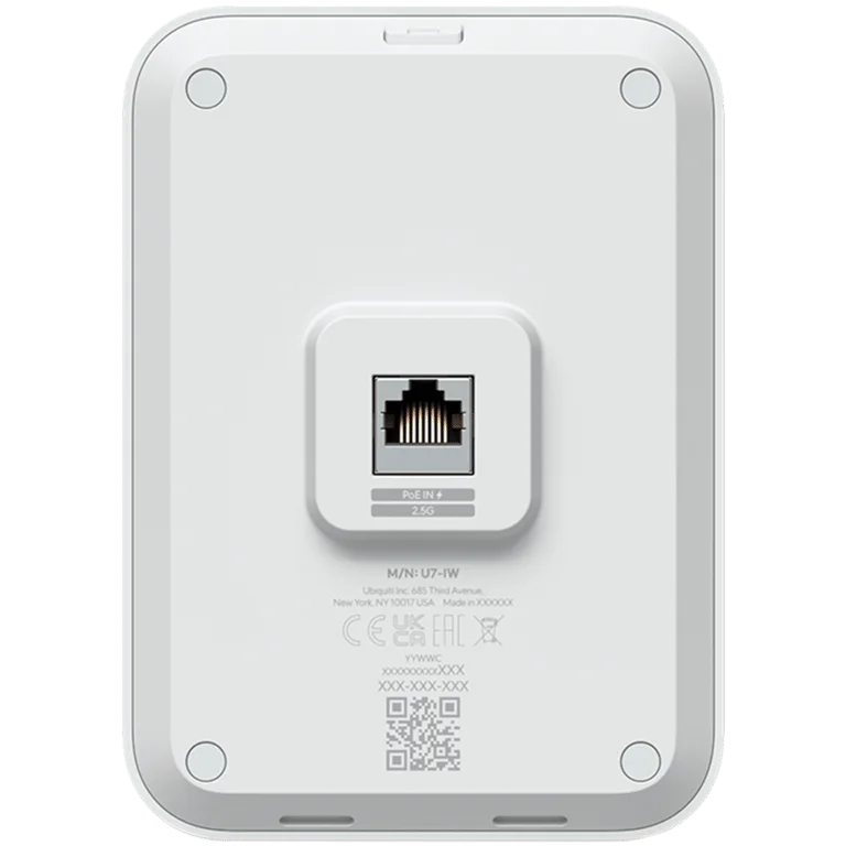 Ubiquiti UniFin U70IW Wall mounted WiFi 7 AP with 4 spatial streams and an integreated 2.5GbE PoE switch desined for hospitality enviorments