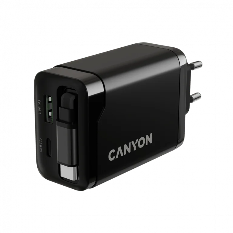 CANYON charger OnCharge 65RC Build-In Cable USB-C 65W 1xPD 1xQC EU Black