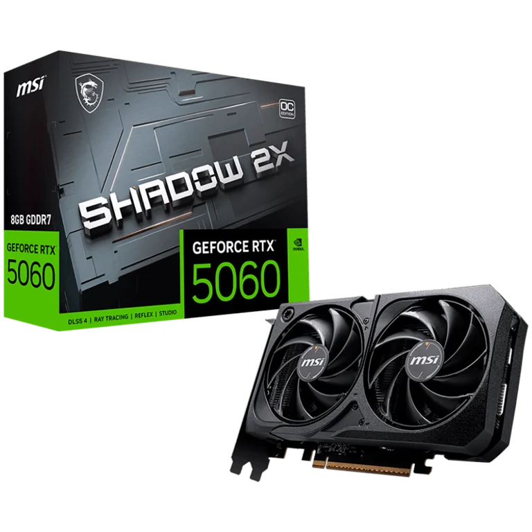 MSI Video Card NVIDIA GeForce RTX 5060 8G SHADOW 2X OC, 8GB GDDR7, 128-bit, 2535 MHz Boost, 3840 CUDA Cores, PCIe 5.0 (x8), 3x DP 2.1b, HDMI 2.1b, RAY TRACING, Dual Fan, 145W TDP, 8-pin PCIe Power, G-SYNC, 2-Slot, 3Y