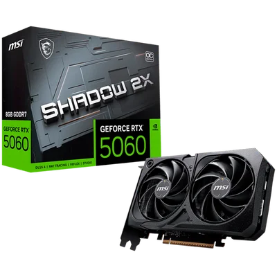 MSI Video Card NVIDIA GeForce RTX 5060 8G SHADOW 2X OC, 8GB GDDR7, 128-bit, 2535 MHz Boost, 3840 CUDA Cores, PCIe 5.0 (x8), 3x DP 2.1b, HDMI 2.1b, RAY TRACING, Dual Fan, 145W TDP, 8-pin PCIe Power, G-SYNC, 2-Slot, 3Y