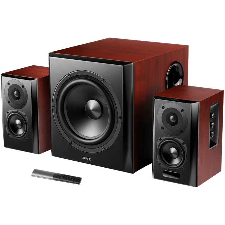 Edifier S350DB 2.1 Audio System, BT V5.1, Optical, Coaxial, RCA, 8-inch Subwoofer, 3.5-inch Drivers, 0.75-inch Tweeters, 70W (RMS), Control Knobs and Remote Control, Brown