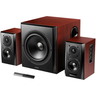 Edifier S350DB 2.1 Audio System, BT V5.1, Optical, Coaxial, RCA, 8-inch Subwoofer, 3.5-inch Drivers, 0.75-inch Tweeters, 70W (RMS), Control Knobs and Remote Control, Brown