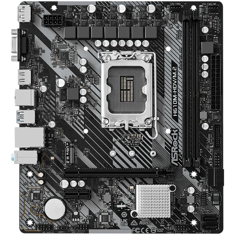 ASROCK Main Board Desktop H610M-HDV/M.2 (S1700, 2x DDR4, 1x PCIe 4.0 x16, 1x PCIe 3.0 x1, 4x SATA3 6.0Gb/s, 1x m.2 PCIe, 4x USB 3.2, 6x USB 2.0, 1x Com port header, 1x VGA, 1x HDMI, 1x DP 1.4, 1x GLAN, mATX) Retail