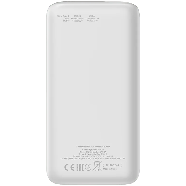 Външна батерия Canyon PB-301 30000 mAh LED PD 20W QC 3.0 Бяла