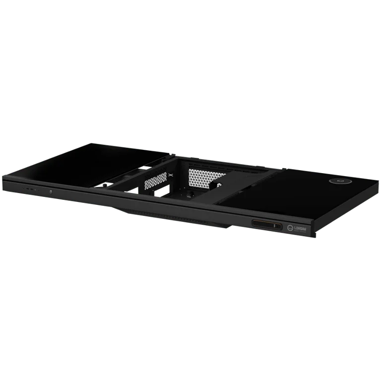 Dual-motor sit/stand adjustable-height gaming desk with built-in PC case, wireless charger, RGB lighting, control panel, and USB ports, tempered glass tabletop, black.