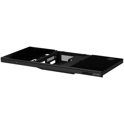 Dual-motor sit/stand adjustable-height gaming desk with built-in PC case, wireless charger, RGB lighting, control panel, and USB ports, tempered glass tabletop, black.