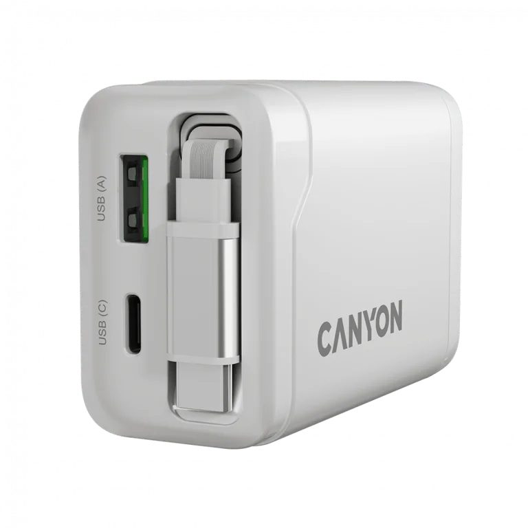 Захранващ адаптер CANYON – OnCharge 65RC, 65W, GaN, USB-C/USB-A, бял