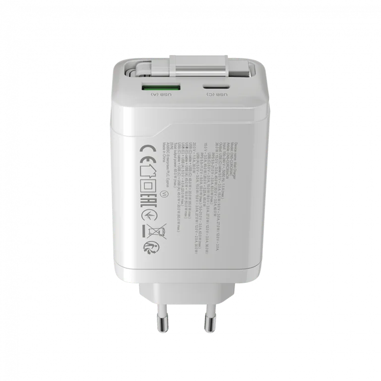 Захранващ адаптер CANYON – OnCharge 65RC, 65W, GaN, USB-C/USB-A, бял