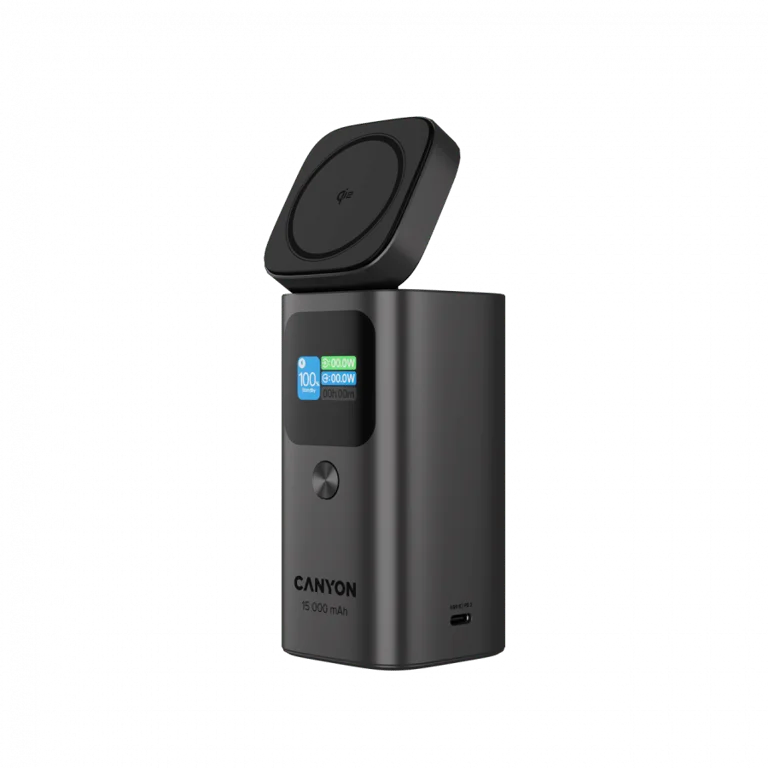 Външна батерия Canyon OnPower 150 15000mAh Qi2 магнитно безжично зареждане тъмно сива
