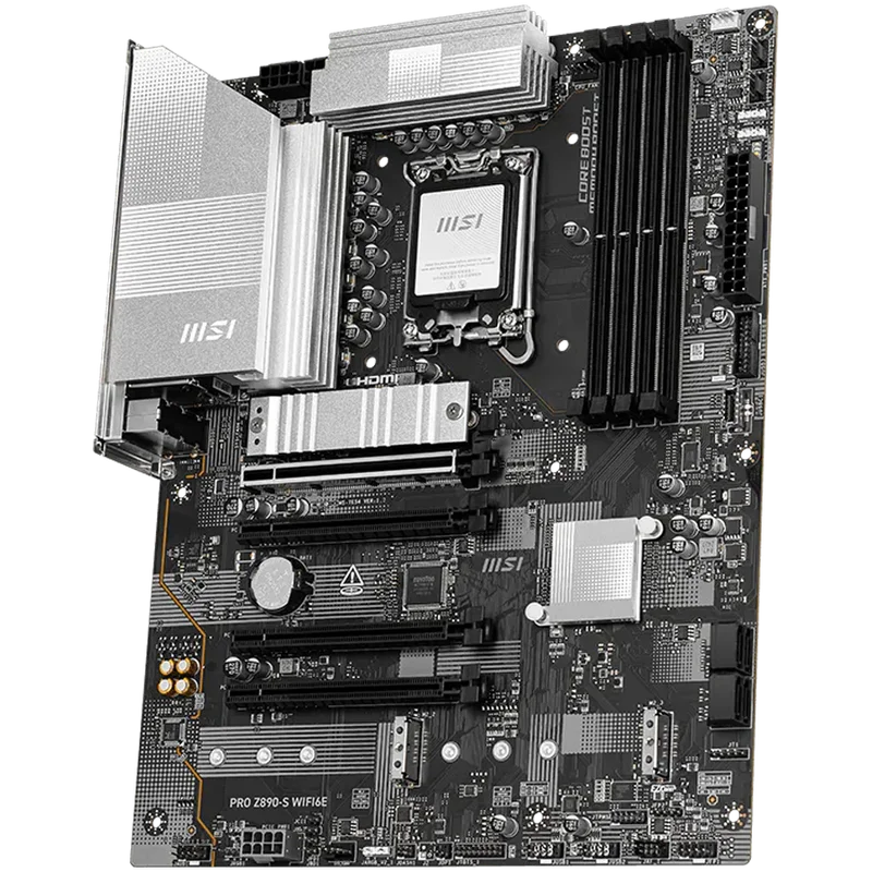 MSI PRO Z890-S WIFI6E, LGA 1851, Dual Channel DDR5 up to 8800(OC)MHz, 4x PCIe x16 slots, 3x M.2 slot, 6x USB 3.2 Gen 1, 1x USB 3.2 Gen 2x2 Type-C, 1x HDMI, 1x DP, 2.5Gbps LAN, WIFI6E, 7.1 Audio, 3Y