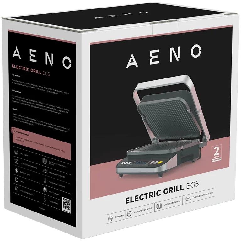 AENO ''Electric Grill EG5: 2000W, 2 heating modes - Lower Grill, Both Grills, 6 preset programs, Defrost, Max opening angle -180°, Temperature regulation, Timer, Removable double-sided plates, Plate size 320*220mm''