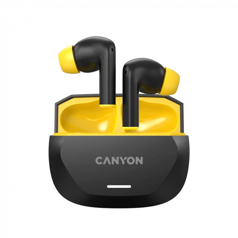 True Wireless слушалки CANYON Hexagon 7 BT 5.4 ANC ENC безжично зареждане черно/жълто