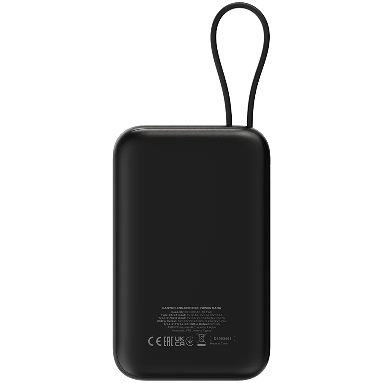 CANYON power bank OnPower 101 built-in cable 10000 mAh PD22.5W Black