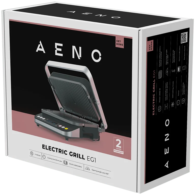 AENO ''Electric Grill EG1: 2000W, 3 heating modes - Upper Grill, Lower Grill, Both Grills  Defrost, Max opening angle -180°, Temperature regulation, Timer, Removable double-sided plates, Plate size 320*220mm''