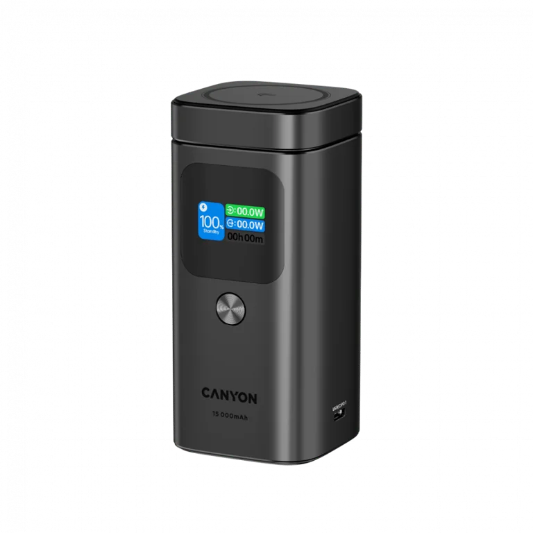 Външна батерия Canyon OnPower 150 15000mAh Qi2 магнитно безжично зареждане тъмно сива