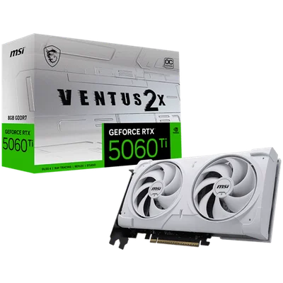 MSI Video Card NVIDIA GeForce RTX 5060 Ti 8G VENTUS 2X OC WHITE PLUS, 8GB GDDR7, 128-bit, 2617 MHz Boost, 4608 CUDA Cores, PCIe 5.0 (x8), 3x DP 2.1b, HDMI 2.1b, RAY TRACING, Dual Fan, 180W TDP, 8-pin PCIe Power, G-SYNC, 2-Slot, 3Y