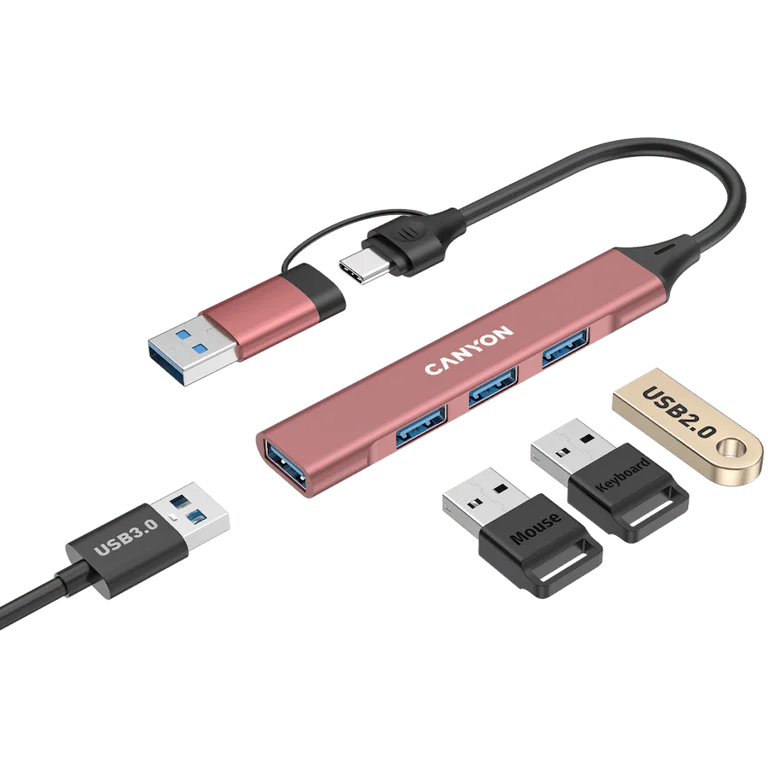 USB хъб CANYON DS-02 4-в-1 USB-A/USB-C Розов