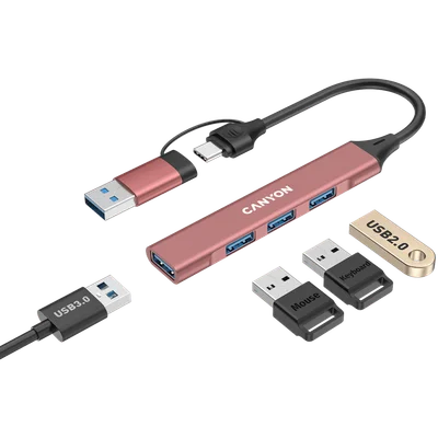 USB хъб CANYON DS-02 4-в-1 USB-A/USB-C Розов