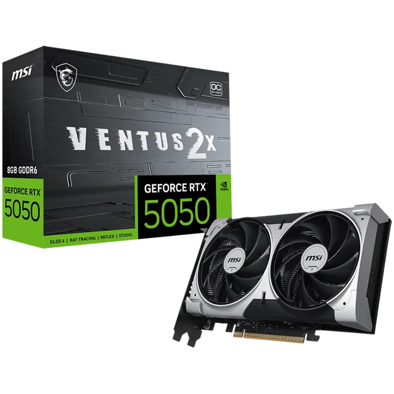 MSI Video Card NVIDIA GeForce RTX 5050 8G VENTUS 2X OC, 8GB GDDR6, 128-bit, 2602 MHz Boost, 2560 CUDA Cores, PCIe 5.0 (x8), 3x DP 2.1b, HDMI 2.1b, RAY TRACING, Dual Fan, 130W TDP, 8-pin PCIe Power, G-SYNC, 2-Slot, 3Y