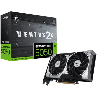 MSI Video Card NVIDIA GeForce RTX 5050 8G VENTUS 2X OC, 8GB GDDR6, 128-bit, 2602 MHz Boost, 2560 CUDA Cores, PCIe 5.0 (x8), 3x DP 2.1b, HDMI 2.1b, RAY TRACING, Dual Fan, 130W TDP, 8-pin PCIe Power, G-SYNC, 2-Slot, 3Y
