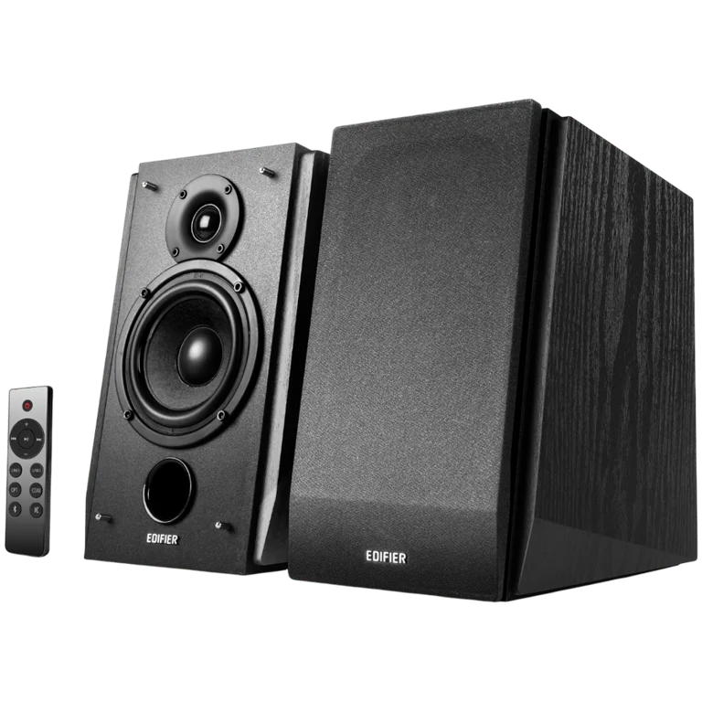 Edifier R1855DB 2.0 Bookshelf Speakers, BT V5.1, Optical, Coaxial, RCA, 0.75-inch Tweeters, 4-inch Drivers, Sub-Out, 70W (RMS), Control Knobs and Remote Control, Matte Black