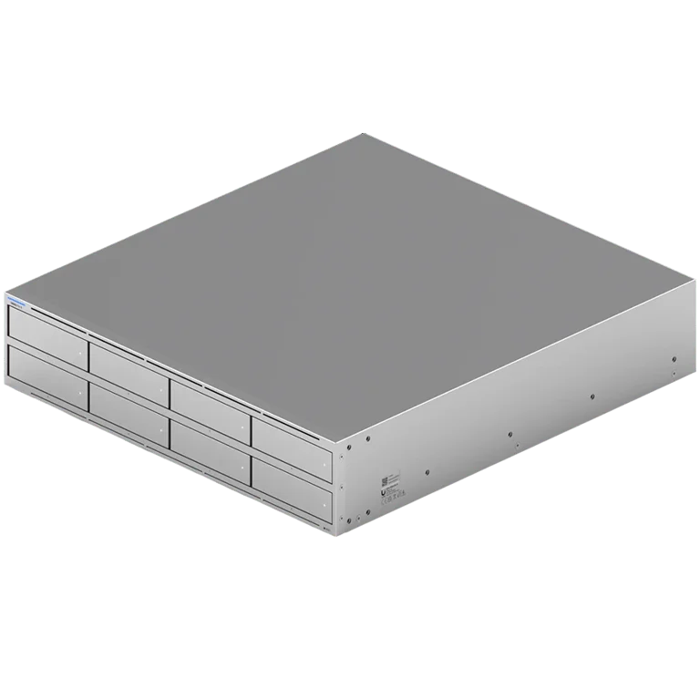 Ubiquiti UNAS-Pro-8-EU 2U rack-mount NAS with (8) 2.5/3.5" HDD bays and (2) M.2 NVMe SSD cache slots, delivering faster access, lower latency, and high-availability 10 Gbps networking for large-scale file storage and sharing