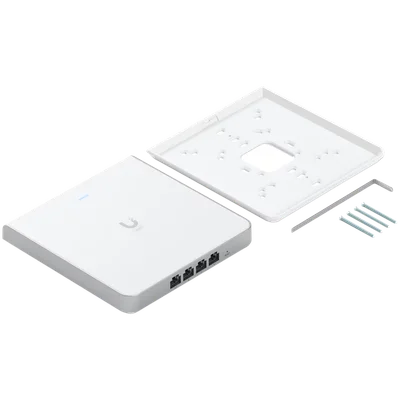 UBIQUITI U6 Enterprise In-Wall, 10 spatial streams, 115 m² (1,250 ft²) coverage, 600+ connected devices, Powered using PoE+/PoE++, (4) GbE ports with (1) PoE output, 2.5 GbE uplink.