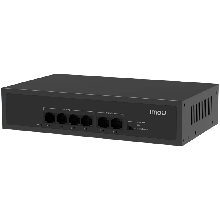 Imou 6-port 100M unmanaged PoE Switch, 4x PoE 10/100, 2x uplink 10/100, 45W total power, up to 250m PoE, 4KV lighting Protection, 802.3af/at,