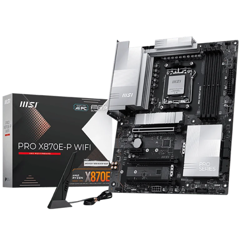 MSI PRO X870E-P WIFI, ATX, Socket AM5, 4x DDR5 Dual Channel DDR5 up to 8200(OC)MHz, 3x PCIe x16 slot, 3x M.2 slot, 4x USB 2.0, 2x USB 5Gbps, 2x USB 10Gbps, 1x 20Gbps Type-C, 1x 40Gbps Type-C, HDMI, 7.1 HD Audio, 5G LAN, WiFI 7, BT, 3Y