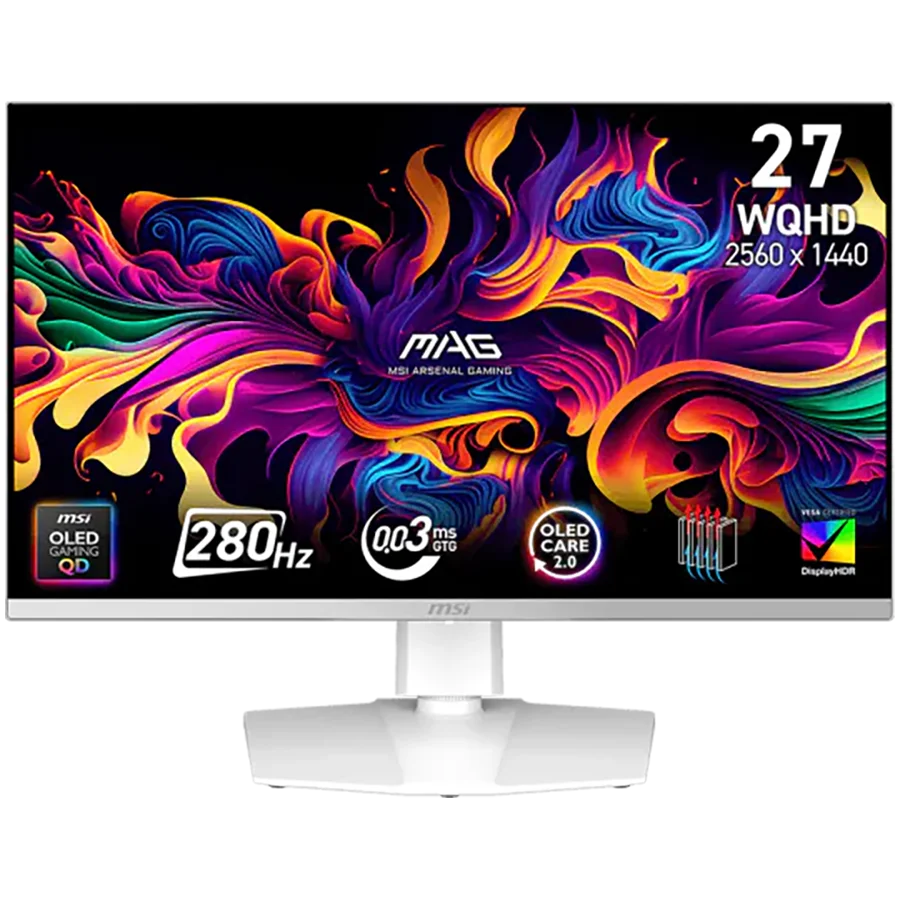 Гейминг монитор MSI – MAG 272QPW QD-OLED X28, 26.5", 280Hz, WQHD, QD-OLED, 0.03ms, бял