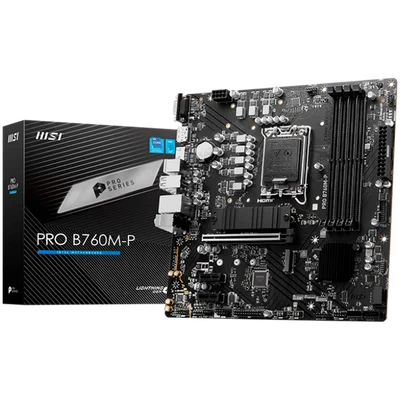 MSI PRO B760M-P, mATX, LGA 1700, Dual Channel DDR5 6800, 1x PCIe x16 slots, 2x M.2 slots, 1x HDMI, 1x DP, 1x VGA, 1x USB 3.2 Gen 2 Type-C, 1x USB 3.2 Gen 1, 4x USB 2.0, 7.1 HD Audio, 1Gbps LAN, 3Y
