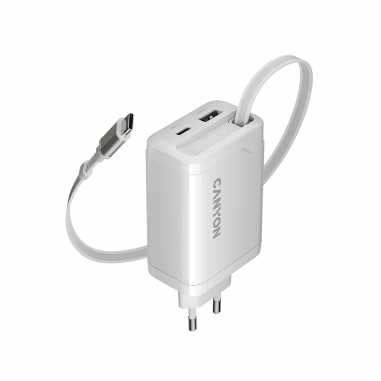 Захранващ адаптер CANYON – OnCharge 65RC, 65W, GaN, USB-C/USB-A, бял