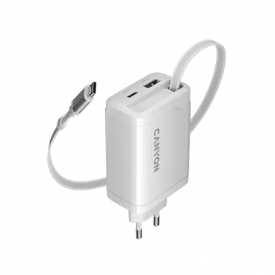 Захранващ адаптер CANYON – OnCharge 65RC, 65W, GaN, USB-C/USB-A, бял