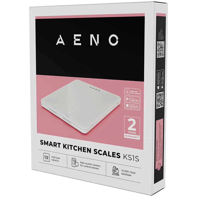AENO Kitchen Scale KS1S Smart, Max load - 8 kg, Bluetooth, 10,000+ products & meals, 25 indicators analysis, Coffee mode, 6 unit conversion: kg, g, lb, fl, oz, ml, Material - glass