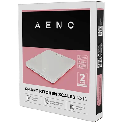 AENO Kitchen Scale KS1S Smart, Max load - 8 kg, Bluetooth, 10,000+ products & meals, 25 indicators analysis, Coffee mode, 6 unit conversion: kg, g, lb, fl, oz, ml, Material - glass